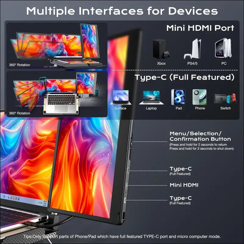 Laptop Screen - 360° Rotation F3 Portable Monitor Triple, Horizontal and Vertical with Stand, 14 Inch IPS FHD 1080P, Compatible with PS5, Windows/Mac and Laptop/Mini PC