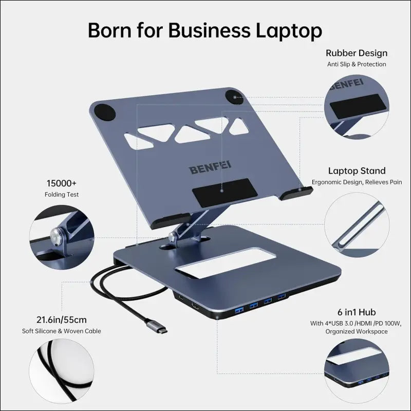 Laptop Stand with USB C 6in1 Docking Station, HDMI 4K@60Hz, 4*USB3.0, 100W PD Compatible with MacBook Pro/Air, iPad Pro, XPS, Thinkpad