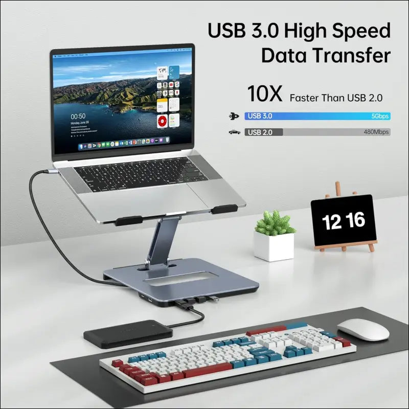 Laptop Stand with USB C 6in1 Docking Station, HDMI 4K@60Hz, 4*USB3.0, 100W PD Compatible with MacBook Pro/Air, iPad Pro, XPS, Thinkpad