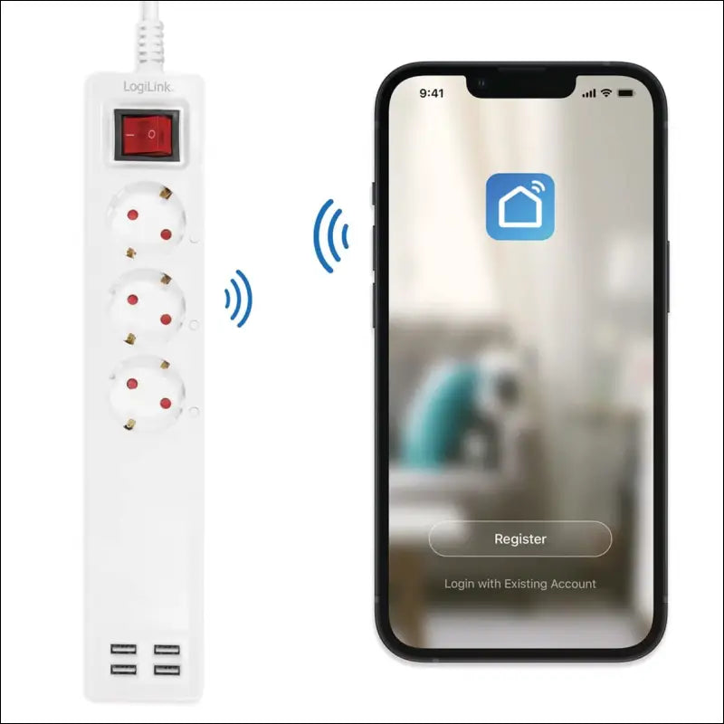 LogiLink SH0103 - Wi-Fi Smart Home Power Strip 3-Way (3X CEE 7/3) + 4X USB-A, Controllable via App, IP20, Tuya Compatible, Supports Amazon Alexa and Google Home, 1.70 m