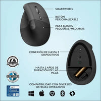 Logitech Lift Vertical Ergonomic Mouse, Wireless, Bluetooth or Logi Bolt USB receiver, Quiet clicks, 4 buttons, compatible with Windows/macOS/iPadOS, Laptop, PC - Graphite