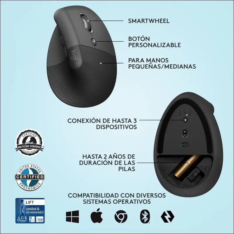 Logitech Lift Vertical Ergonomic Mouse, Wireless, Bluetooth or Logi Bolt USB receiver, Quiet clicks, 4 buttons, compatible with Windows/macOS/iPadOS, Laptop, PC - Graphite