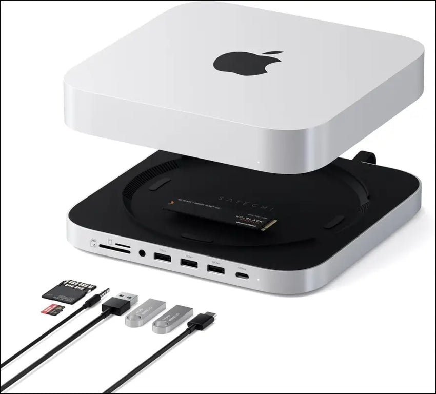 Mac Mini Hub & Stand with SSD Enclosure for NVME/SATA M.2, Mac Mini Dock with USB-C 10Gbps, 3 USB-A 5/10Gbps, 2.0 Audio Jack, for Mac Mini M2 /M1, Mac Studio (Not Compatible with M4) - Silver