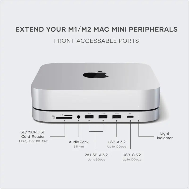Mac Mini Hub & Stand with SSD Enclosure for NVME/SATA M.2, Mac Mini Dock with USB-C 10Gbps, 3 USB-A 5/10Gbps, 2.0 Audio Jack, for Mac Mini M2 /M1, Mac Studio (Not Compatible with M4) - Silver