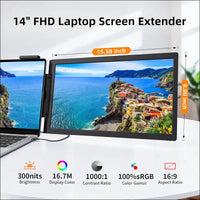 MagicRaven Laptop Screen Extender, 14" 1080P Portable Monitor, 250° Rotation Travel Display for 14-17'' Laptop with USB-C HDMI Port, Plug and Play for Windows/Mac