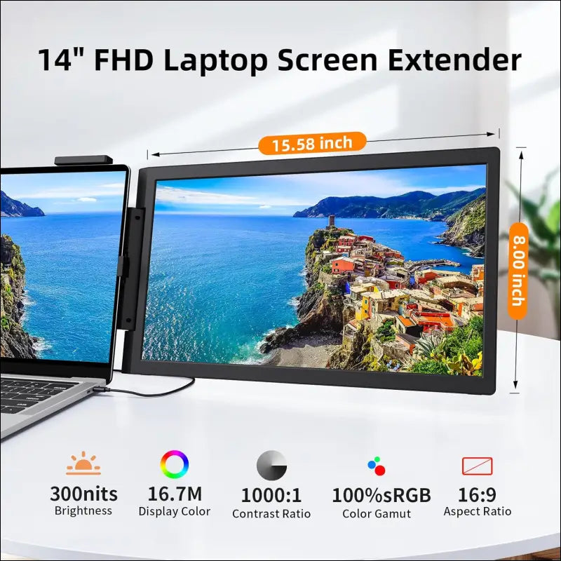 MagicRaven Laptop Screen Extender, 14" 1080P Portable Monitor, 250° Rotation Travel Display for 14-17'' Laptop with USB-C HDMI Port, Plug and Play for Windows/Mac