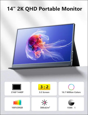 MagicRaven Portable Gaming Monitor, 14" 2K Laptop Screen, Dual USB C HDMI Second Computer Screen with Speakers, Travel Monitor for PS4/5 Xbox Switch MAC PC Phone