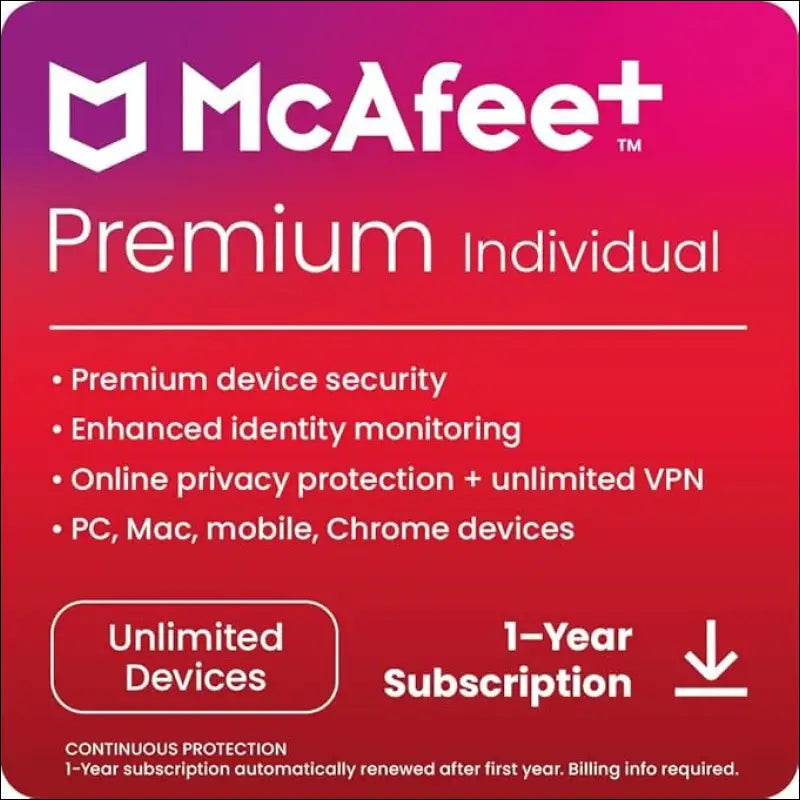 McAfee®+ Premium Individual Antivirus & Internet Security - Unlimited Devices, 1-Year - Windows/Mac/Android/iOS [Digital Download]