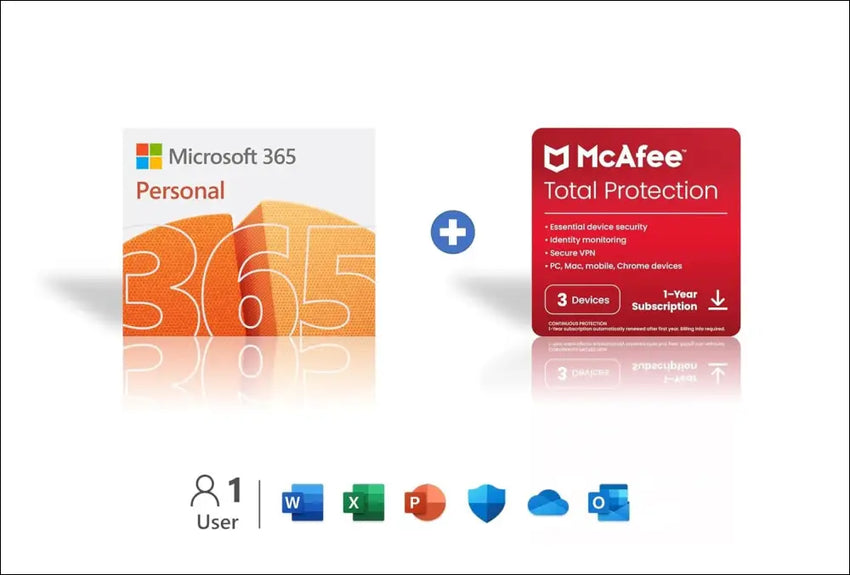 Microsoft 365 Personal + McAfee® Total Protection for 3 Devices - 1 Year Subscription Bundle [Digital Download]