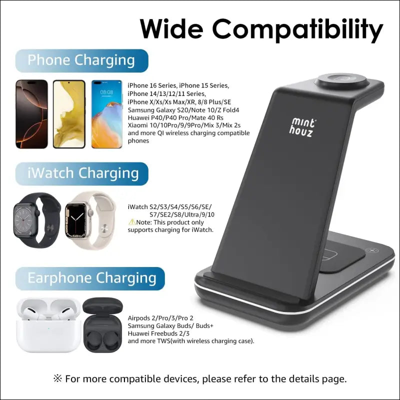 Minthouz Wireless Charger, 3 in 1 Fast Charging Station Compatible with iPhone 15/14/13/12/11 Series,Wireless Charger Dock for iWatch【iWatch Charger Not Included】,AirPods (with...
