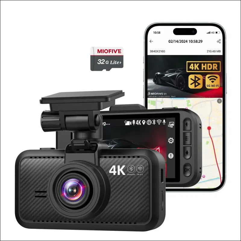 Miofive Car Camera 4K Resolution, WiFi, Bluetooth, GPS Dash Cam, 3 Inch IPS Display, Night Vision, Loop Recording, HDR, App Control and Supports up to 512GB with a Free 32G Map