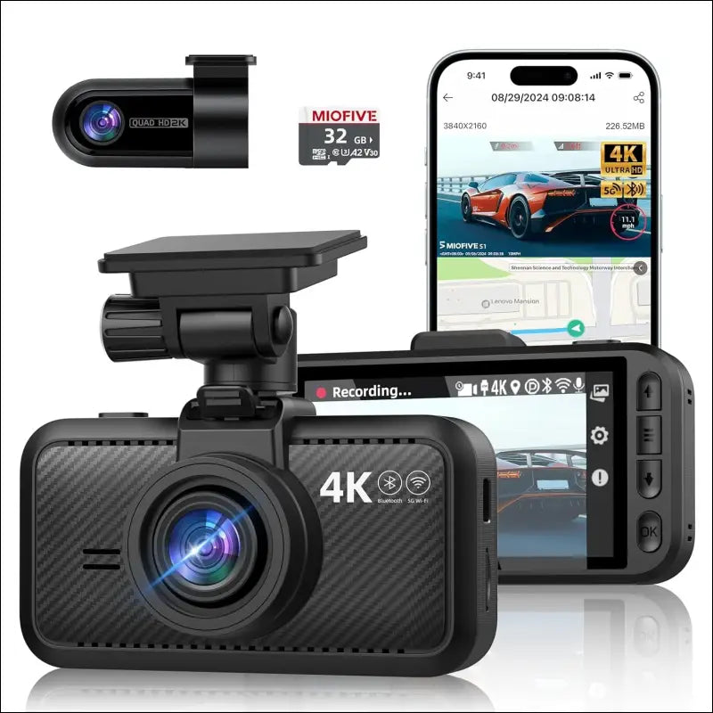 Miofive Dash Cam for Front and Rear Camera 4K+2K GPS WiFi Bluetooth 3 Inch IPS Display Night Vision Loop Recording HDR App Control and Supports up to 512GB with a Free 32GB Card