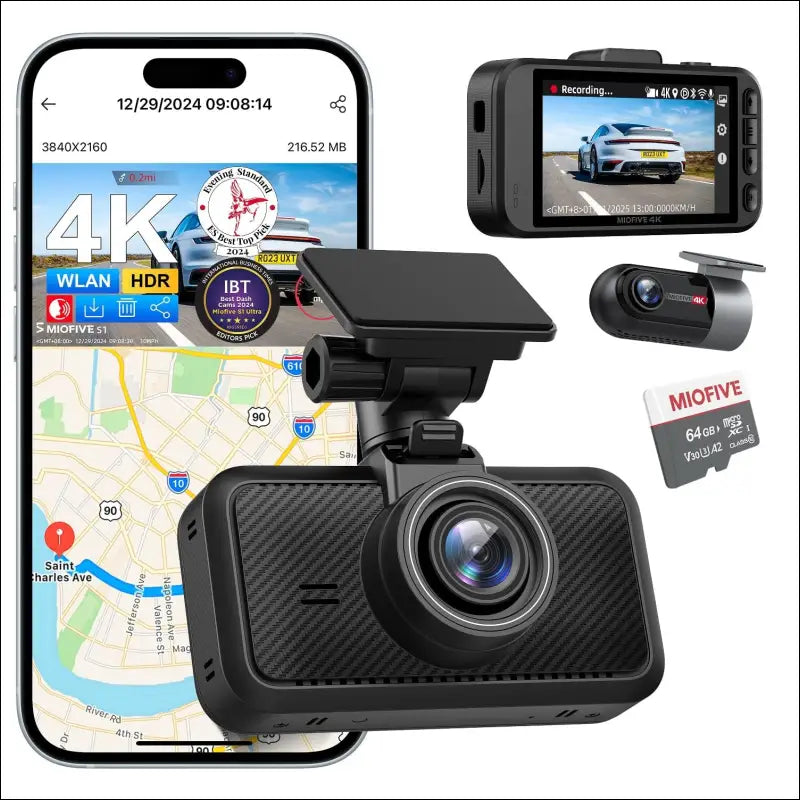 Miofive Dash Cam for Front and Rear Camera 4K+4K GPS WiFi Bluetooth 3 Inch IPS Display Night Vision Loop Recording HDR App Control and Supports up to 512GB with a Free 64GB Card