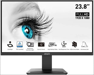 MSI PRO MP2412 23.8" Eye Care Ergonomic Business Computer Monitor, FHD 1920x1080, VA, Frameless, 100Hz, 1ms, Tilt Compatible, HDMI&DP Port, VESA,