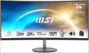 MSI PRO MP341CQ 34" UltraWide Business Monitor, WUQHD 3440x1440, 1500R Curved, IPS, Frameless, 100Hz, 1ms, Tilt Compatible, HDR Ready, 2xHDMI&DP
