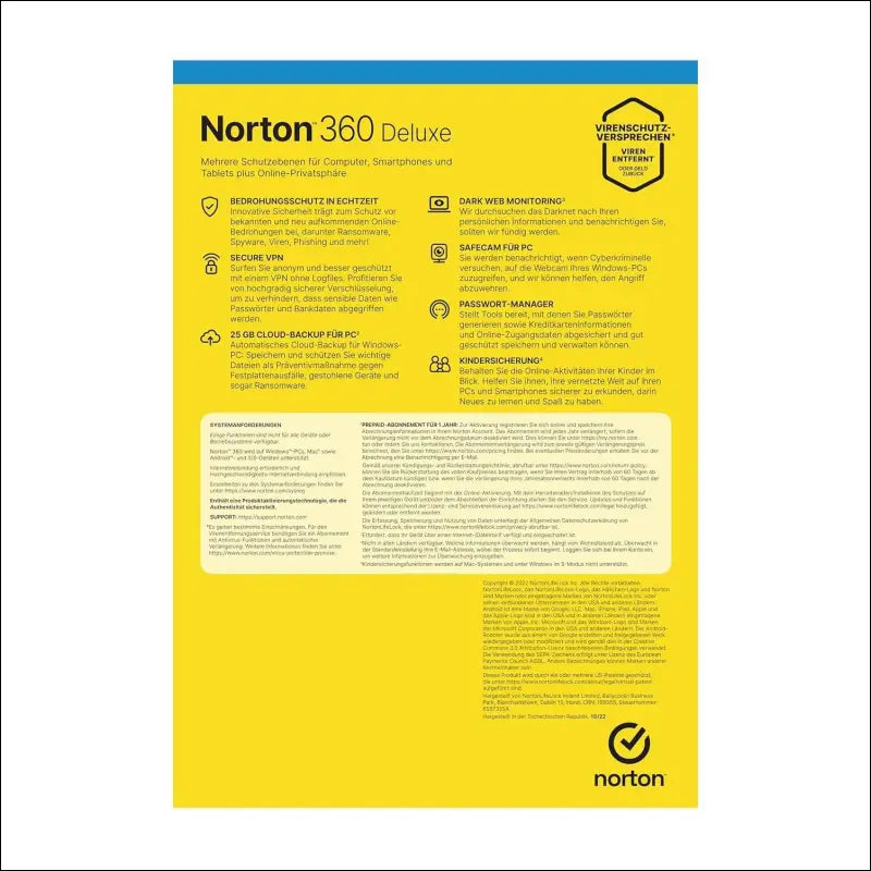 Norton 360 Premium 2022 10 Devices 1 Year with Automatic Renewal Includes Secure VPN Password Manager - PCs, Mac, Smartphones, Tablets by Post