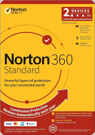 Norton 360 Standard 10GB 1 User 2 Devices PC MAC Android iOS DVD, OEM Security Software | Digital Delivery Same Day