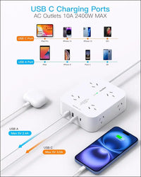 One Beat Power Board Surge Protected,8 Outlets with 4 USB (2 USB C) Charging Ports,Multi Plug Outlet Extender,1.2M Extension Cord,Flat Plug Wall Mount Desk Charging Station for...