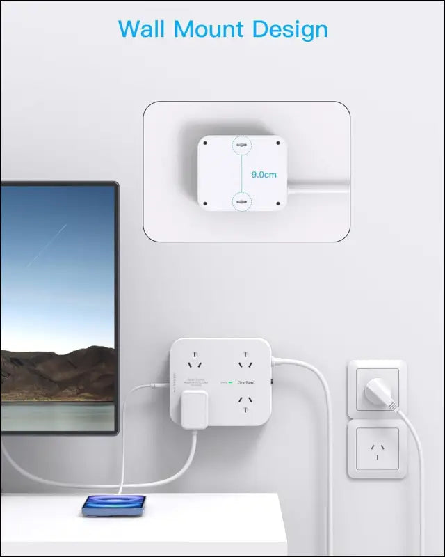 One Beat Power Board Surge Protected,8 Outlets with 4 USB (2 USB C) Charging Ports,Multi Plug Outlet Extender,1.2M Extension Cord,Flat Plug Wall Mount Desk Charging Station for...