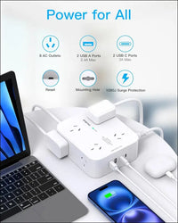 One Beat Power Board Surge Protected,8 Outlets with 4 USB (2 USB C) Charging Ports,Multi Plug Outlet Extender,1.2M Extension Cord,Flat Plug Wall Mount Desk Charging Station for...