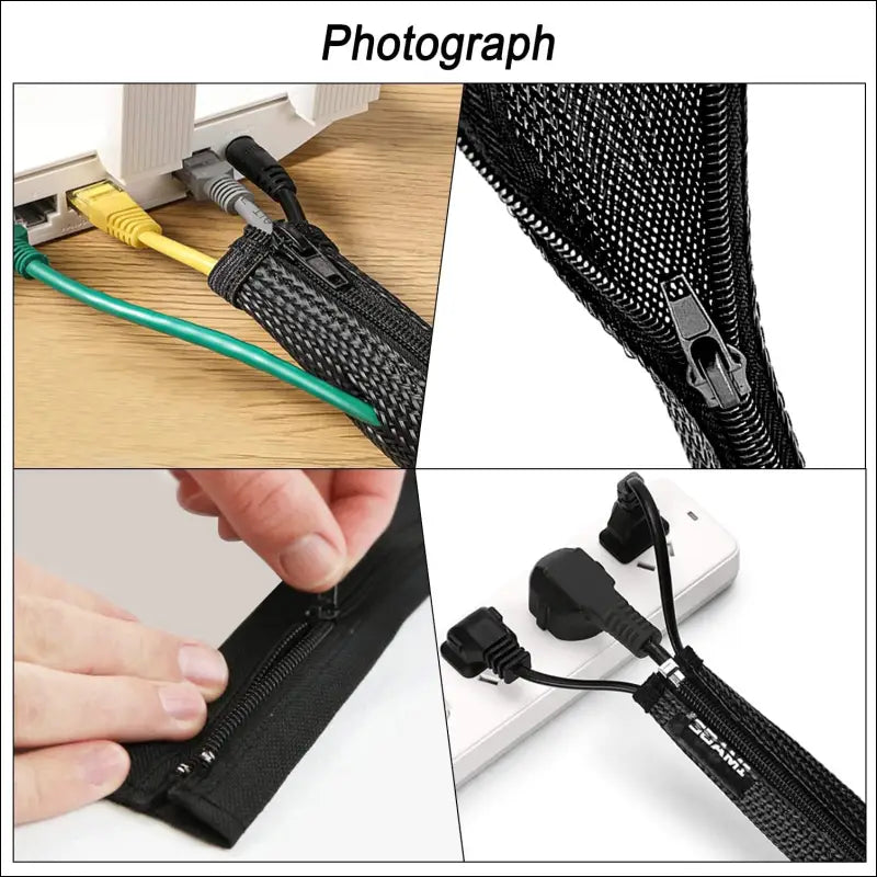 Pack of 4 Cable Duct Desk Flexible Management, 1.5 m Cable Management Black with Zip, Diameter 2-2.5 cm, Cable Tube, Cable Organiser Management for PC Cable Protection