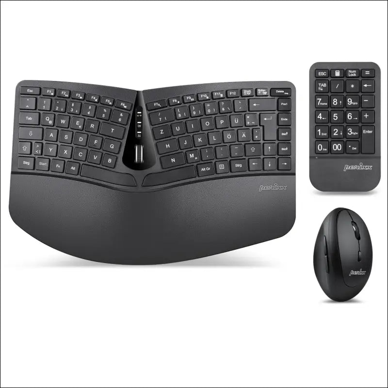Perixx PERIDUO-606A 3-in-1 Wireless Compact Ergonomic Keyboard with Vertical Mouse and Numeric Keypad - Adjustable Wrist Rest - Tilting Wheel - Flat Keys - QWERTZ