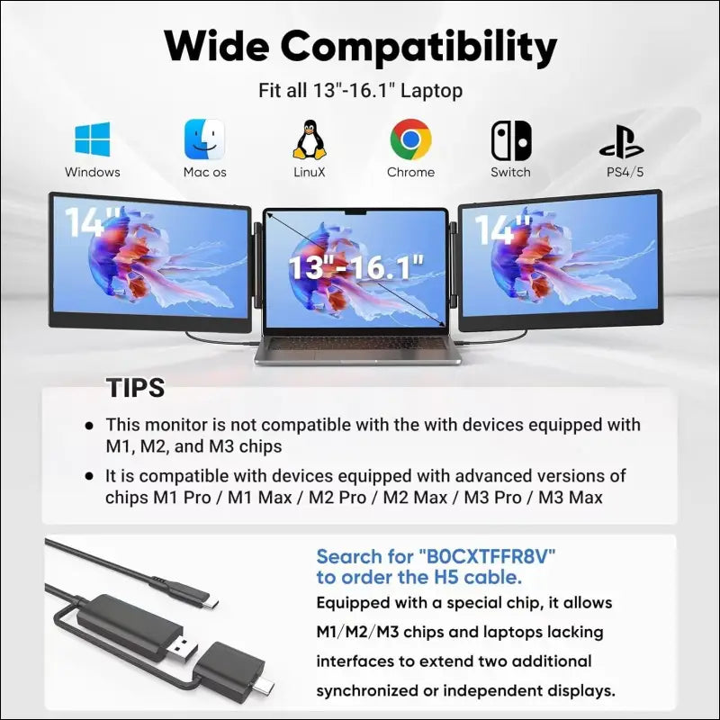Portable Monitor, 14" FHD 1080P IPS Screen Extender for 13-17" Laptop, Built-in Stand, Plug and Play, Compatible With Mac, Windows, Dex, Chrome