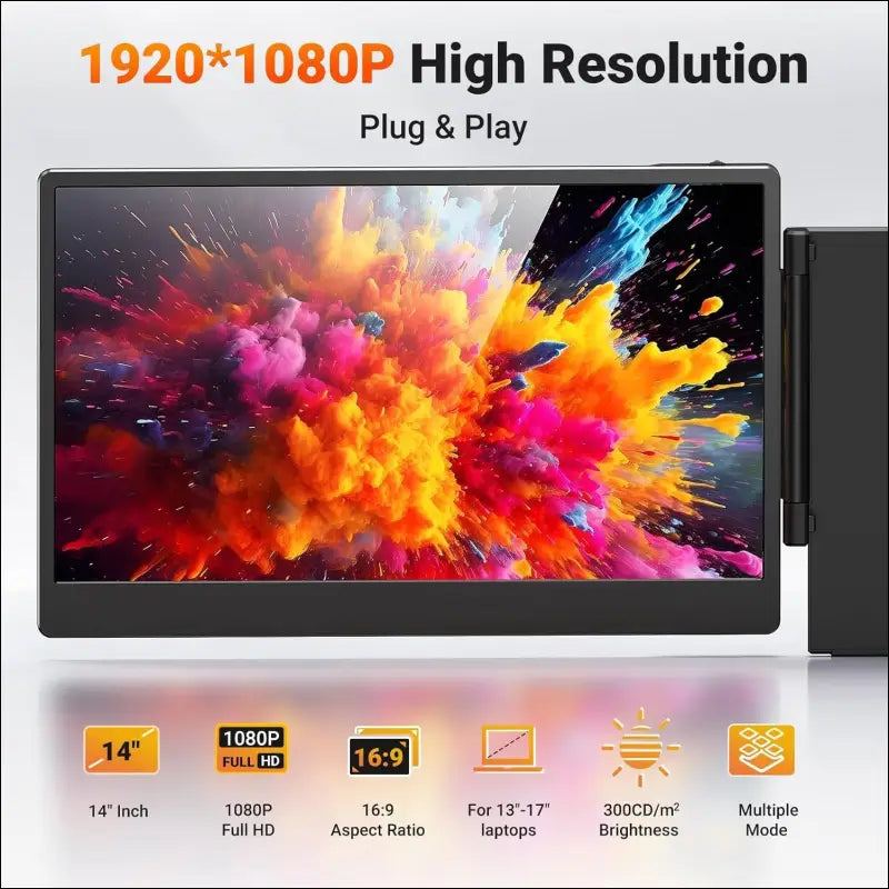 Portable Monitor, 14" FHD 1080P IPS Screen Extender for 13-17" Laptop, Built-in Stand, Plug and Play, Compatible With Mac, Windows, Dex, Chrome