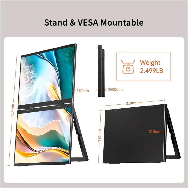 Portable Monitor 14 Inch 1200P 100% sRGB Laptop Screen Extender, USB-C HDMI Triple Monitor, Dual Screen Foldable with Stand & VESA Mountable for Laptop PC Mac Windows