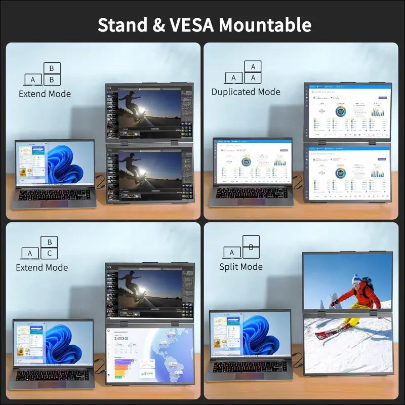 Portable Monitor 14 Inch 1200P 100% sRGB Laptop Screen Extender, USB-C HDMI Triple Monitor, Dual Screen Foldable with Stand & VESA Mountable for Laptop PC Mac Windows