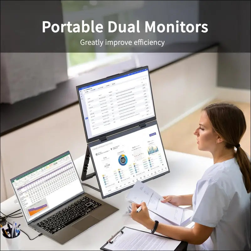 Portable Monitor 14 Inch 1200P 100% sRGB Laptop Screen Extender, USB-C HDMI Triple Monitor, Dual Screen Foldable with Stand & VESA Mountable for Laptop PC Mac Windows