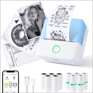 Portable Photo Printer with 10 Rolls of Printer Paper, Bluetooth Label Printer, Thermal Printer for Notes, Photos, Diaries, DIY,