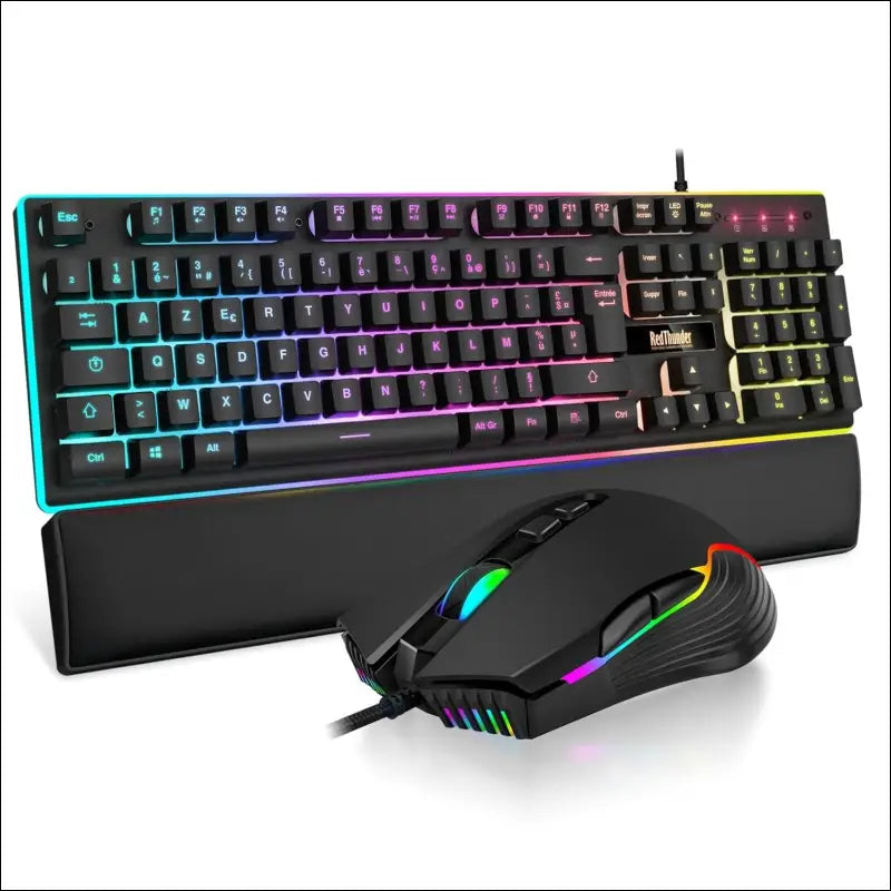 RedThunder K10 USB Gaming Keyboard and Mouse Set, French AZERTY + Wrist Rest, RGB Backlit Anti-Ghosting Keyboard and 7200 DPI Ergonomic Mouse for Gamers (Black)