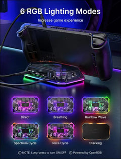 RGB Docking Station for Steam Deck (OLED)/ROG Ally/Legion Go, 12-in-1 Steam Deck Dock with 4K@120Hz HDMI & DisplayPort Gigabit Etherne USB-C 3.2 USB-A 3.2/2.0, SD/TF Slots 3.5mm Jack-HB1201S