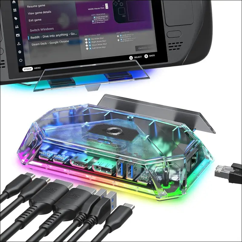 RGB Docking Station for Steam Deck (OLED)/ROG Ally/Legion Go, 12-in-1 Steam Deck Dock with 4K@120Hz HDMI & DisplayPort Gigabit Etherne USB-C 3.2 USB-A 3.2/2.0, SD/TF Slots 3.5mm Jack-HB1201S