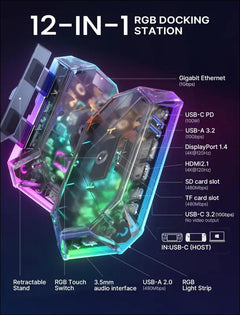 RGB Docking Station for Steam Deck (OLED)/ROG Ally/Legion Go, 12-in-1 Steam Deck Dock with 4K@120Hz HDMI & DisplayPort Gigabit Etherne USB-C 3.2 USB-A 3.2/2.0, SD/TF Slots 3.5mm Jack-HB1201S