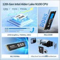 ROUAFWIT Mini PC N100 NAS 4 Bay Soft Router 3-in-1, DDR5 8G RAM 128G NVME SSD Office Desktop Micro Computer Network Storage, 2 x i226V 2.5GbE, Dual Fan, SPK/MIC