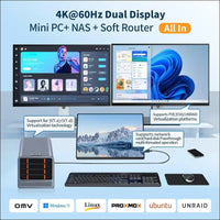 ROUAFWIT Mini PC N100 NAS 4 Bay Soft Router 3-in-1, DDR5 8G RAM 128G NVME SSD Office Desktop Micro Computer Network Storage, 2 x i226V 2.5GbE, Dual Fan, SPK/MIC