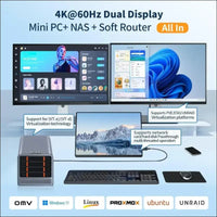 ROUAFWIT Mini PC N100 NAS 4 Bay Soft Router 3-in-1, DDR5 8G RAM 128G NVME SSD Office Desktop Micro Computer Network Storage, 2 x i226V 2.5GbE, Dual Fan, SPK/MIC