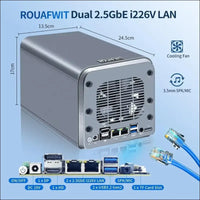 ROUAFWIT Mini PC N100 NAS 4 Bay Soft Router 3-in-1, DDR5 8G RAM 128G NVME SSD Office Desktop Micro Computer Network Storage, 2 x i226V 2.5GbE, Dual Fan, SPK/MIC