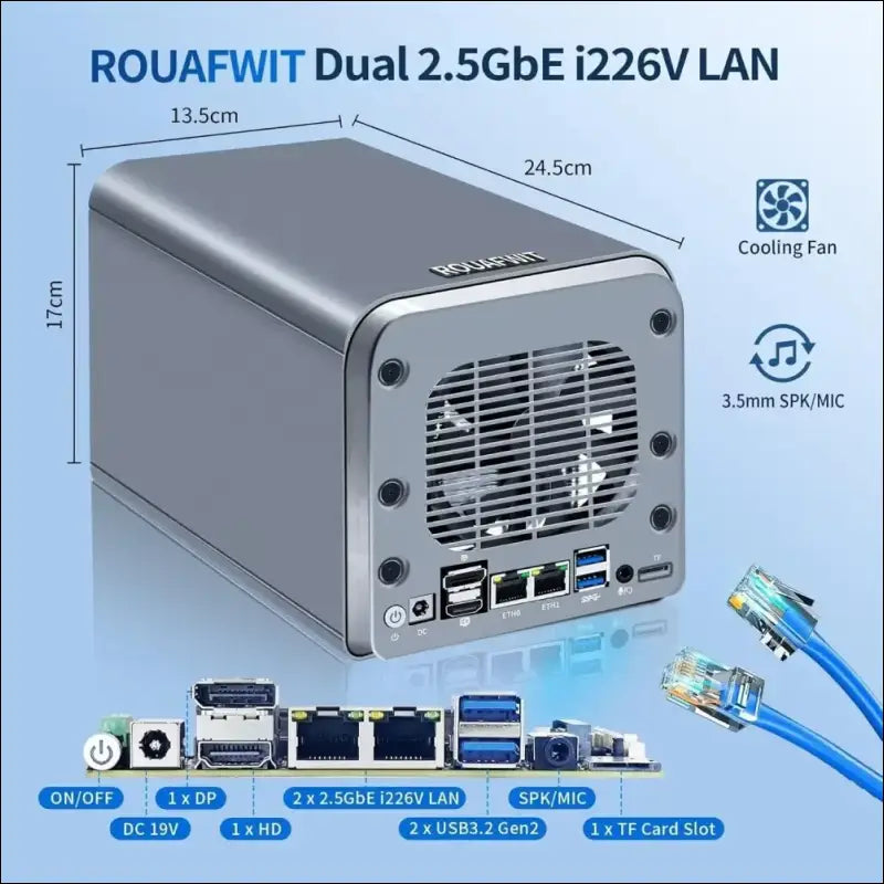 ROUAFWIT Mini PC N100 NAS 4 Bay Soft Router 3-in-1, DDR5 8G RAM 128G NVME SSD Office Desktop Micro Computer Network Storage, 2 x i226V 2.5GbE, Dual Fan, SPK/MIC