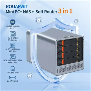 ROUAFWIT Mini PC N100 NAS 4 Bay Soft Router 3-in-1, DDR5 8G RAM 128G NVME SSD Office Desktop Micro Computer Network Storage, 2 x i226V 2.5GbE, Dual Fan, SPK/MIC
