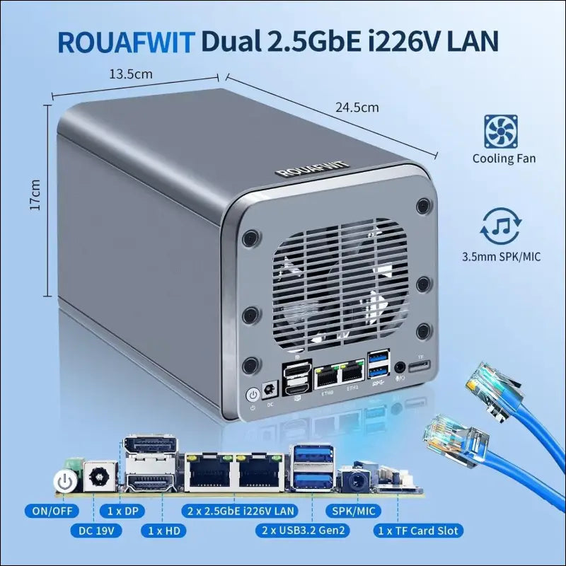 ROUAFWIT Mini PC N100 NAS 4 Bay Soft Router 3-in-1, DDR5 8G RAM 128G NVME SSD Office Desktop Micro Computer Network Storage, 2 x i226V 2.5GbE, Dual Fan, SPK/MIC