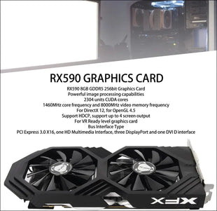 RX590 Graphics Card, 8GB GDDR5 256Bit Quiet Fast Heat Dissipation Desktop Computer Graphics Card, 8000Mhz 4096 X 2160 PCI Express 3.0 X16 DVI HDMI 3DP 8Pin Graphics Card for Gaming
