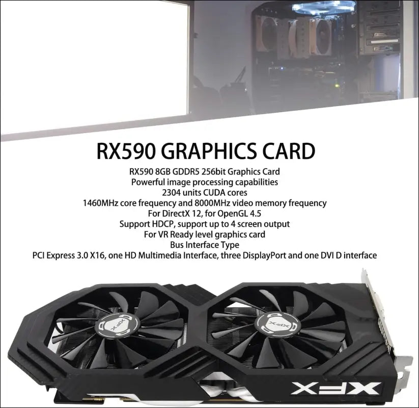 RX590 Graphics Card, 8GB GDDR5 256Bit Quiet Fast Heat Dissipation Desktop Computer Graphics Card, 8000Mhz 4096 X 2160 PCI Express 3.0 X16 DVI HDMI 3DP 8Pin Graphics Card for Gaming