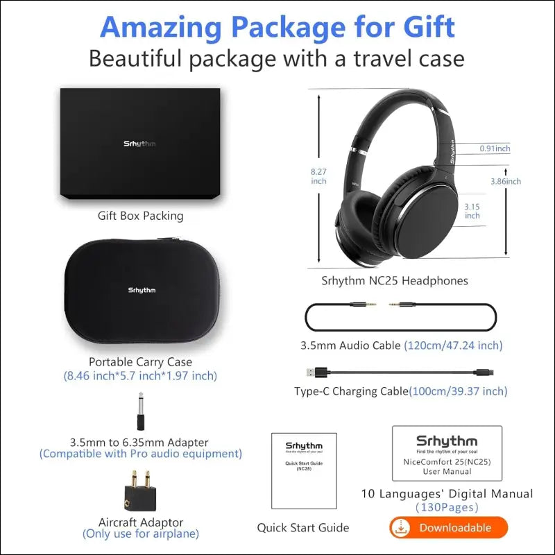 Srhythm NC25 Hybrid Noise Cancelling Headphones Over Ear, Wireless Bluetooth 5.3, 50H Playtime, Low Latency, Transparency Mode