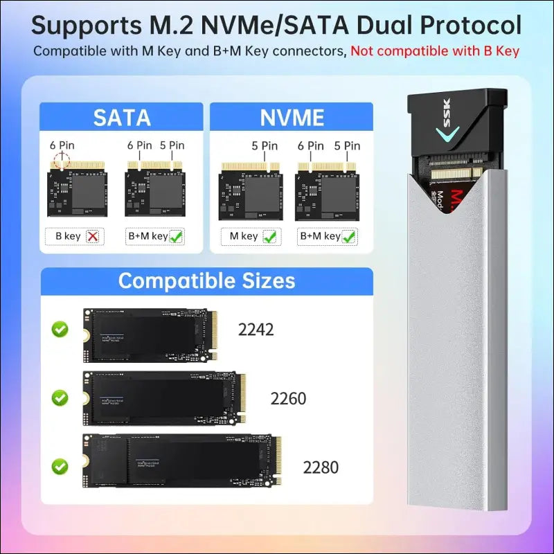 SSK M.2 NVME SATA SSD Enclosure Adapter, USB 3.2 Gen 2 (10 Gbps) to NVME PCI-E SATA M-Key/(B+M) Key Solid State Drive External Enclosure Aluminum Support UASP Trim for SSDs...