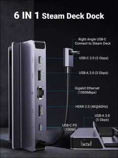 Steam Deck Dock, 6-in-1 Docking Station Aluminum Stand with 4K@60Hz HDMI, Gigabit Ethernet, 100W PD, USB A and C Data Ports for Switch OLED, Legion Go, ROG Ally and More