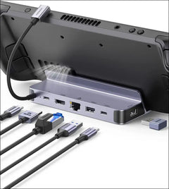 Steam Deck Dock, 6-in-1 Docking Station Aluminum Stand with 4K@60Hz HDMI, Gigabit Ethernet, 100W PD, USB A and C Data Ports for Switch OLED, Legion Go, ROG Ally and More