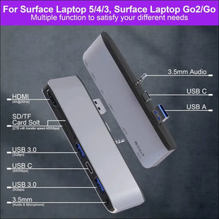 Surface Laptop 5/Laptop 4/Laptop 3/Laptop Go/Laptop Go2 Hub Docking Station with 4K@30HZ HDMI +2*USB 3.0 +USB-C +SD TF Card Slot +3.5mm Audio Adapter for Surface Laptop 3/4/5/Laptop Go/Go2